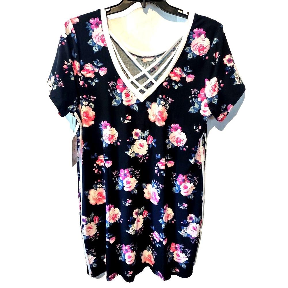 Eye Candy Dress Women's Plus Size 2X Floral Cage Neck Athleisure Navy Pink Boho